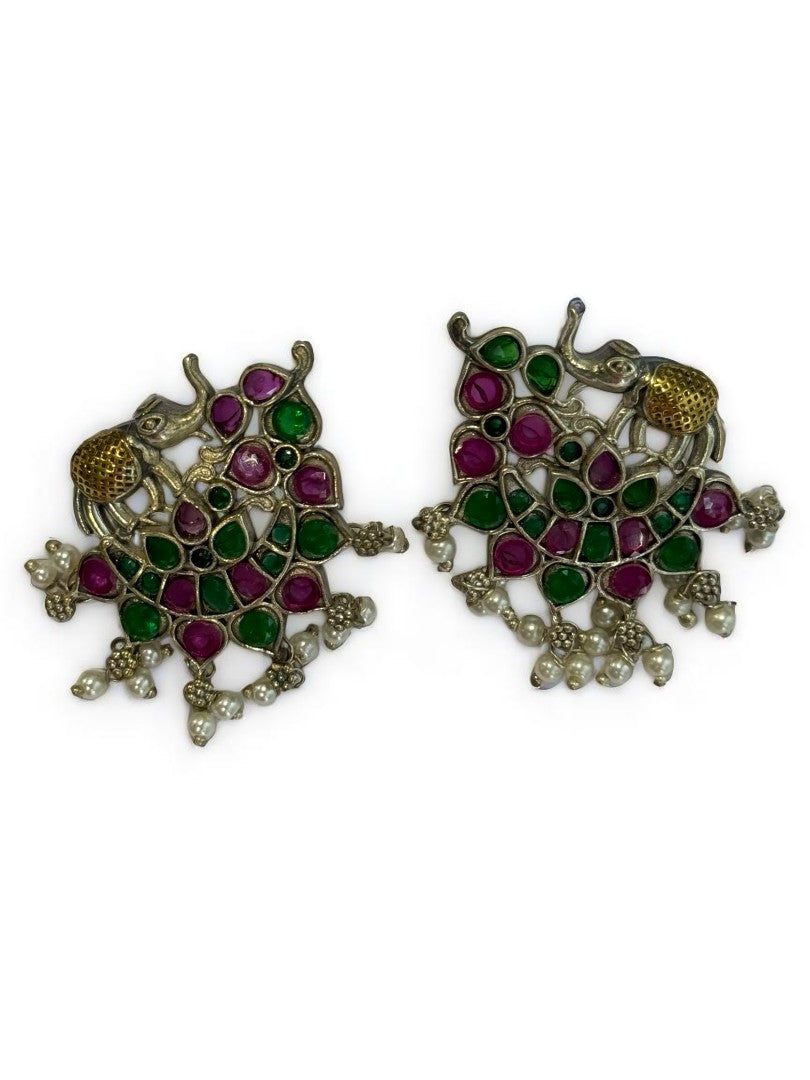 GREEN PINK STONE MRIDULA GERMAN SILVER EARRINGS