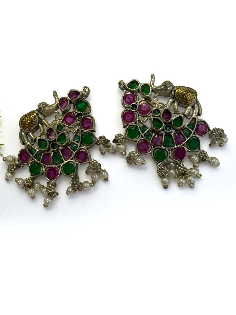 GREEN PINK STONE MRIDULA GERMAN SILVER EARRINGS