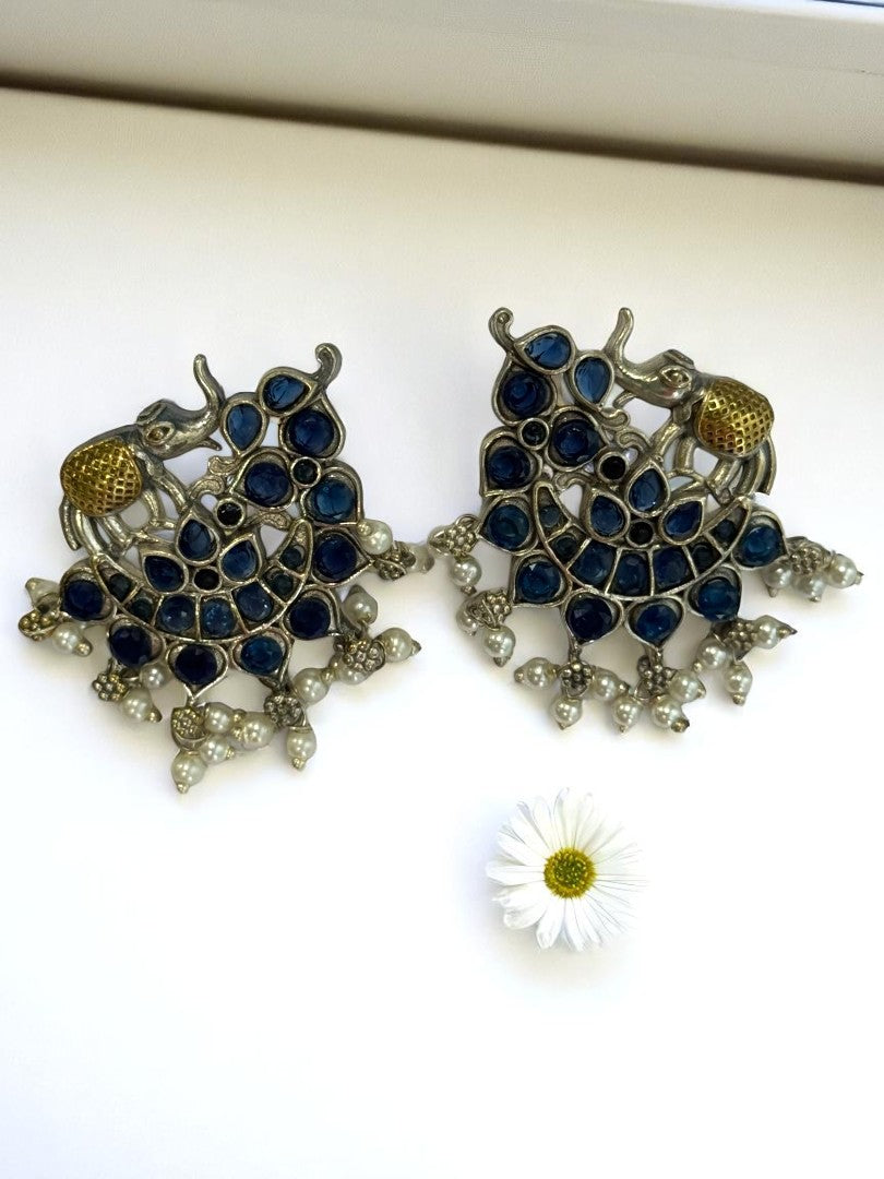 BLUE STONE MRIDULA GERMAN SILVER EARRINGS