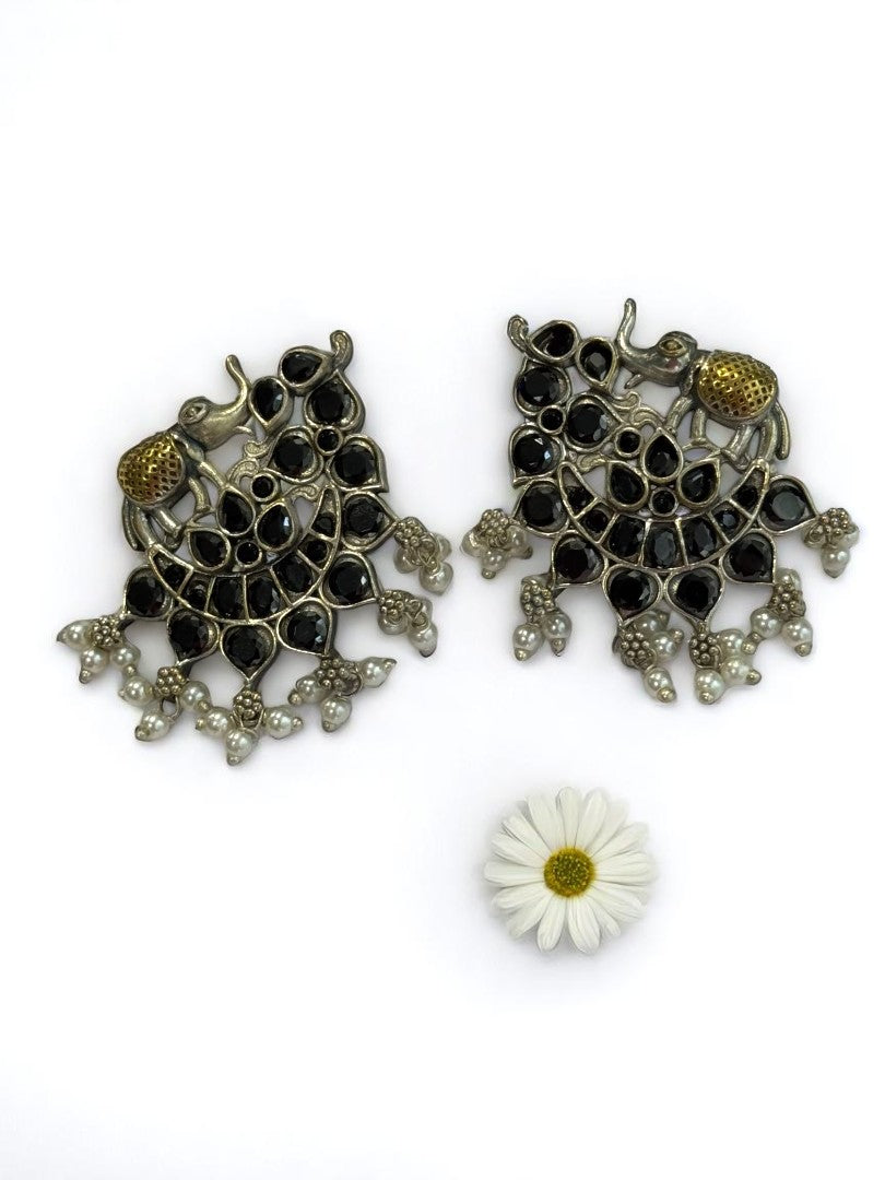 BLACK STONE MRIDULA GERMAN SILVER EARRINGS