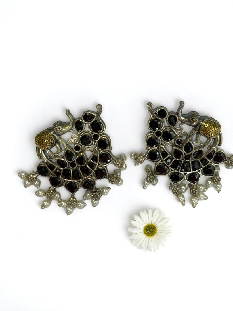 BLACK STONE MRIDULA GERMAN SILVER EARRINGS
