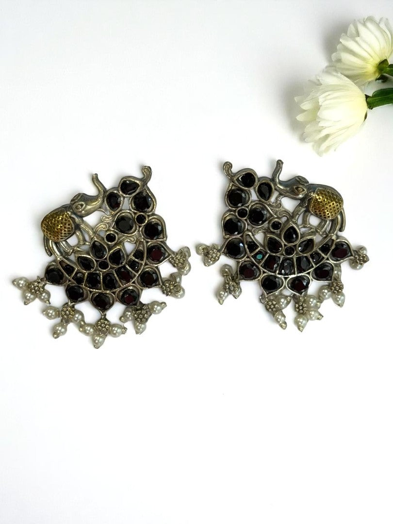 BLACK STONE MRIDULA GERMAN SILVER EARRINGS