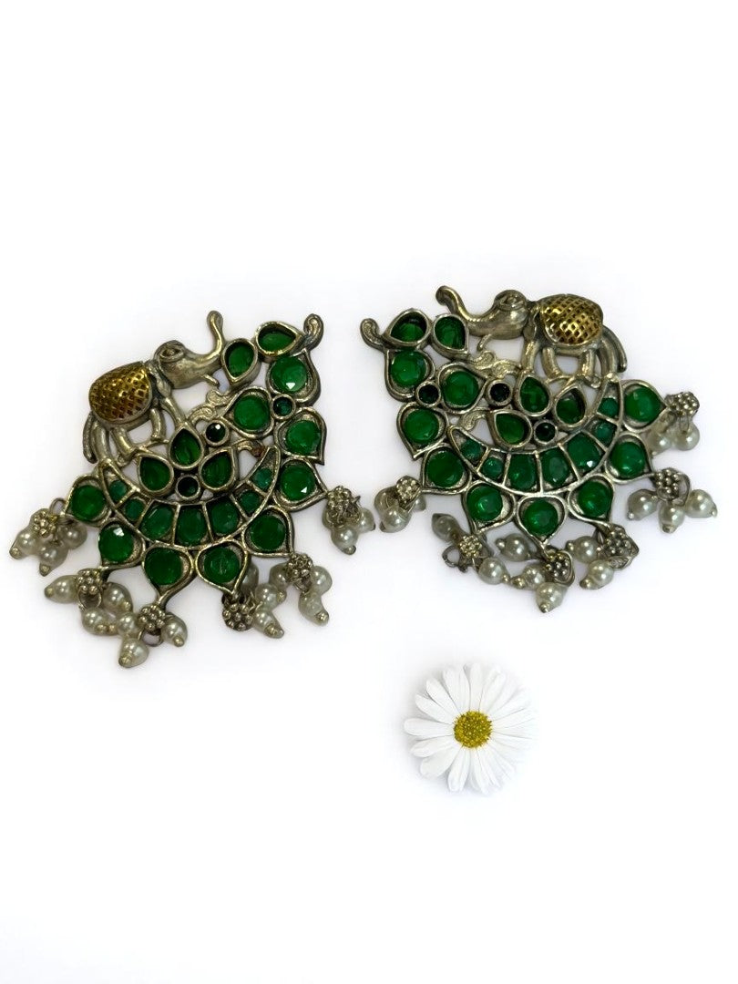 GREEN STONE MRIDULA GERMAN SILVER EARRINGS