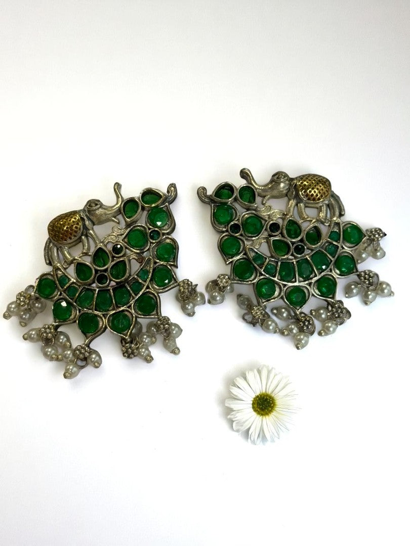 GREEN STONE MRIDULA GERMAN SILVER EARRINGS