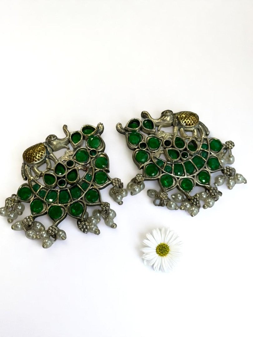 GREEN STONE MRIDULA GERMAN SILVER EARRINGS