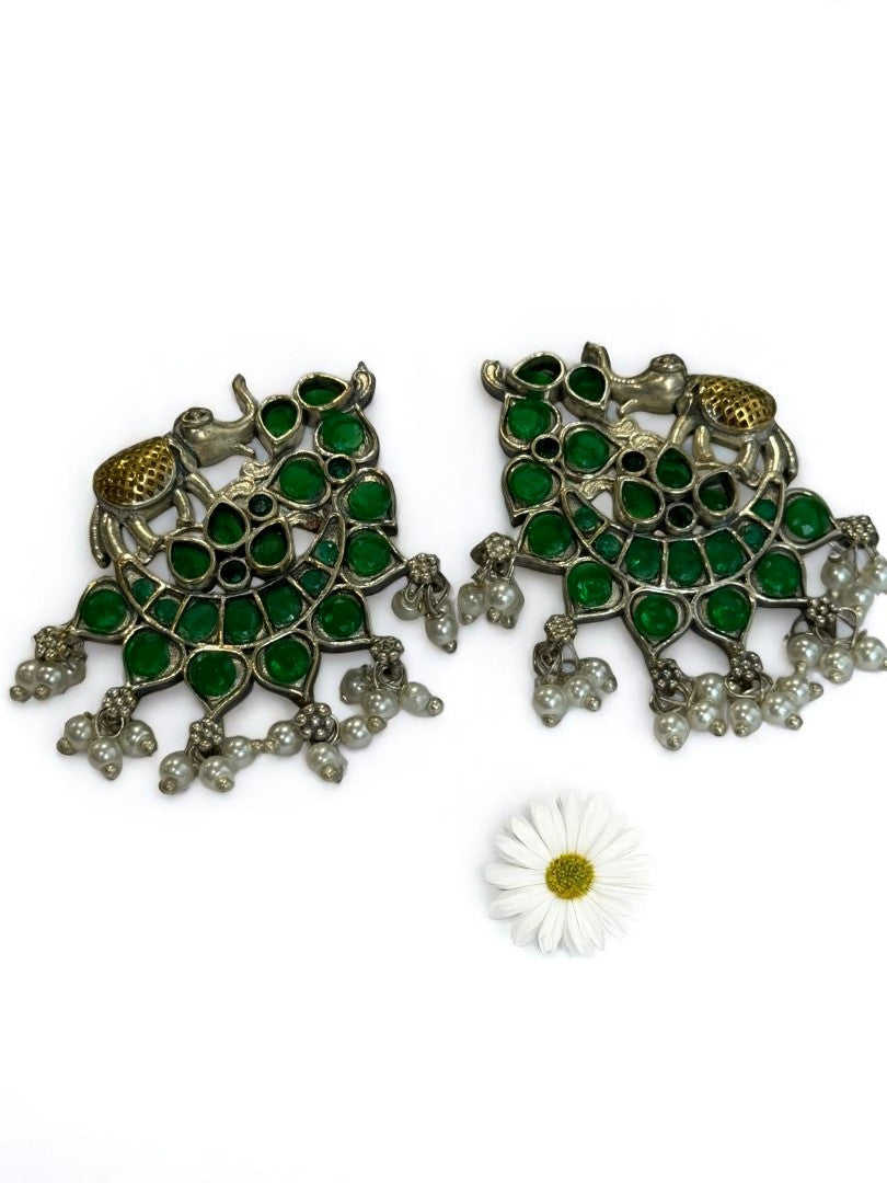 GREEN STONE MRIDULA GERMAN SILVER EARRINGS