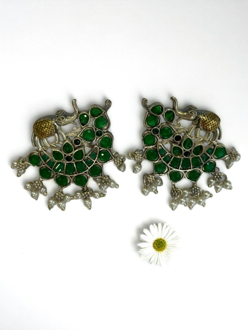 GREEN STONE MRIDULA GERMAN SILVER EARRINGS