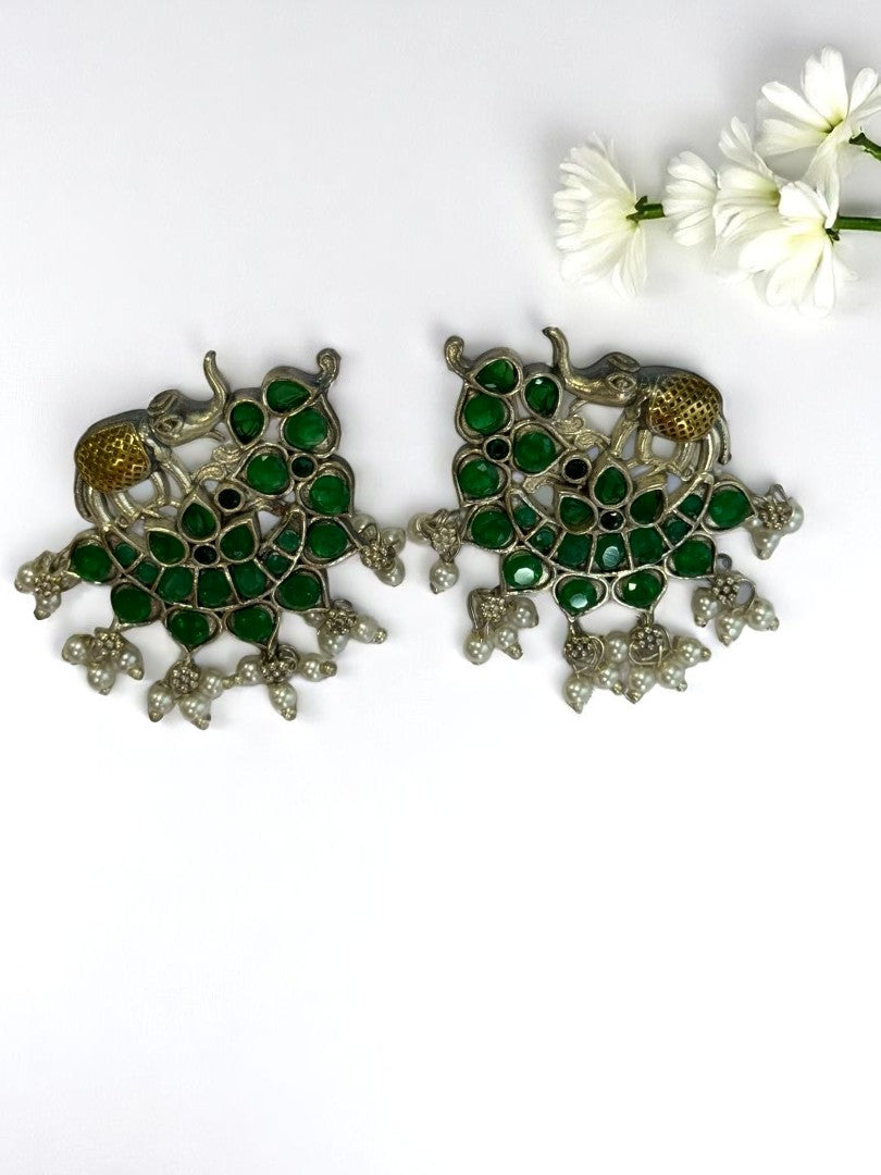 GREEN STONE MRIDULA GERMAN SILVER EARRINGS