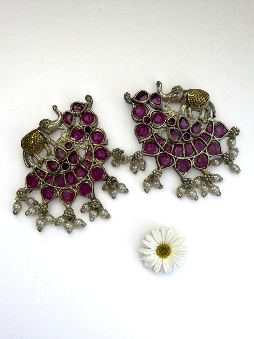 PINK STONE MRIDULA GERMAN SILVER EARRINGS