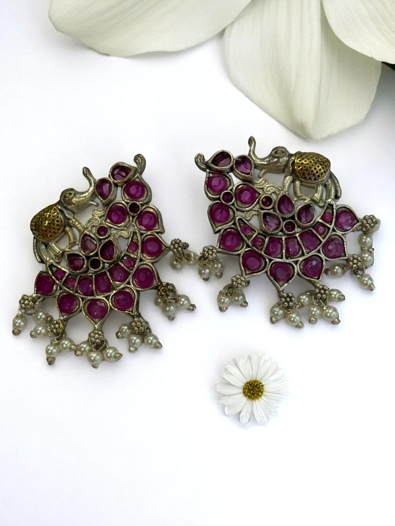 PINK STONE MRIDULA GERMAN SILVER EARRINGS