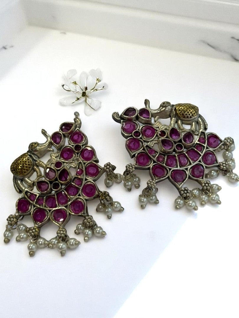 PINK STONE MRIDULA GERMAN SILVER EARRINGS