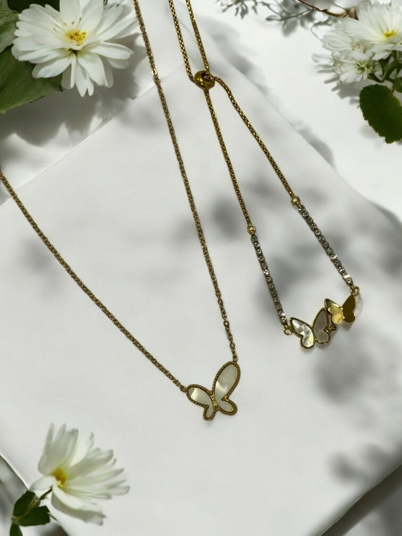 WHITE BUTTERFLY EVERETTY NECKLACE AND BRACELET (COMBO)