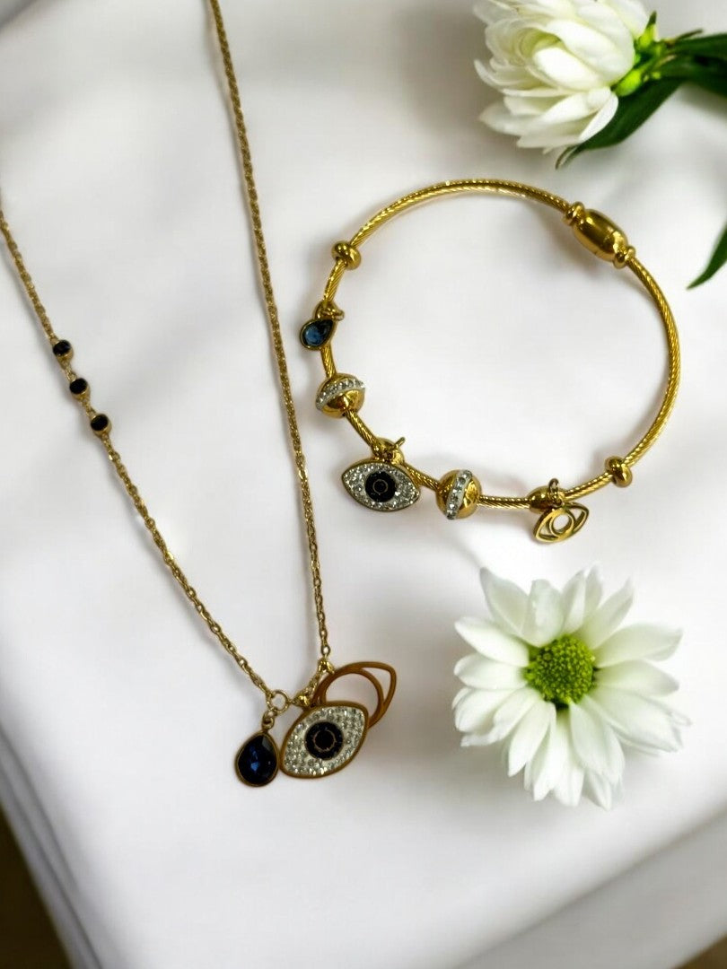 EVIL EYE THREE CHARMS NECKLACE AND BRACELET (COMBO)
