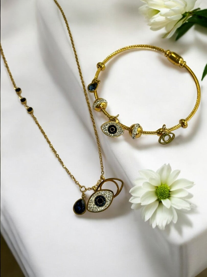 EVIL EYE THREE CHARMS NECKLACE AND BRACELET (COMBO)