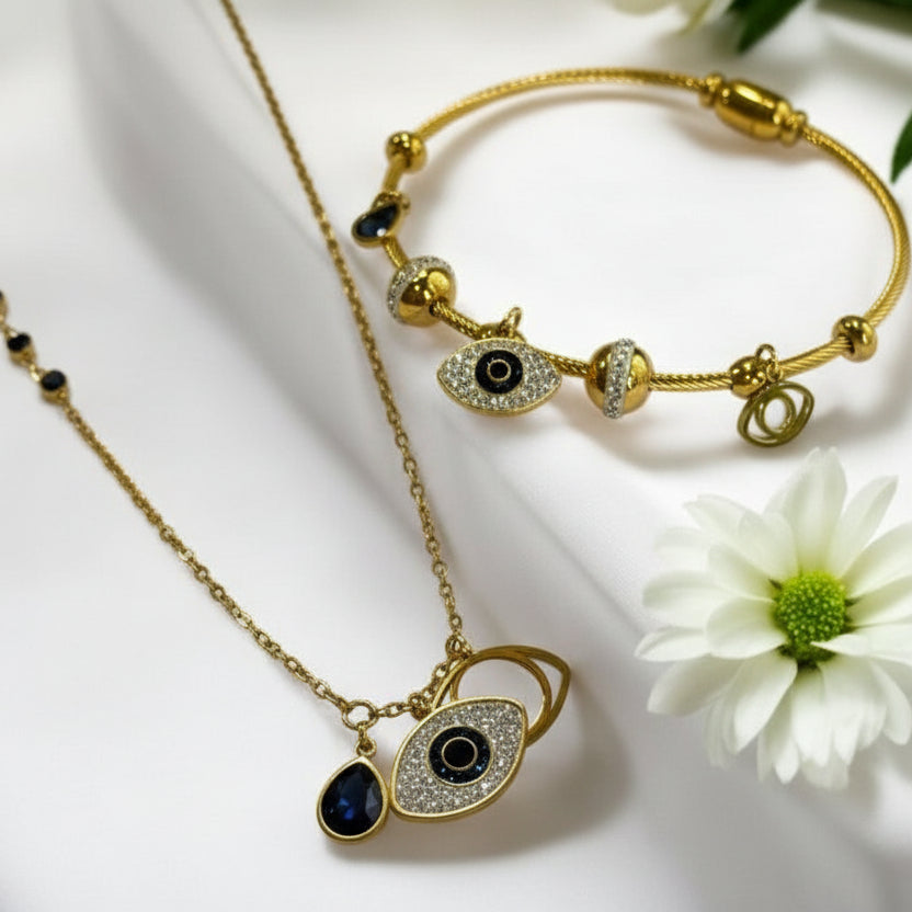 EVIL EYE THREE CHARMS NECKLACE AND BRACELET (COMBO)