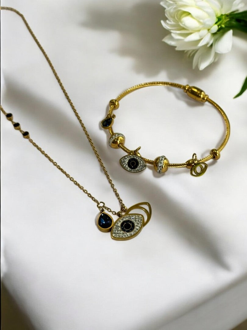 EVIL EYE THREE CHARMS NECKLACE AND BRACELET (COMBO)