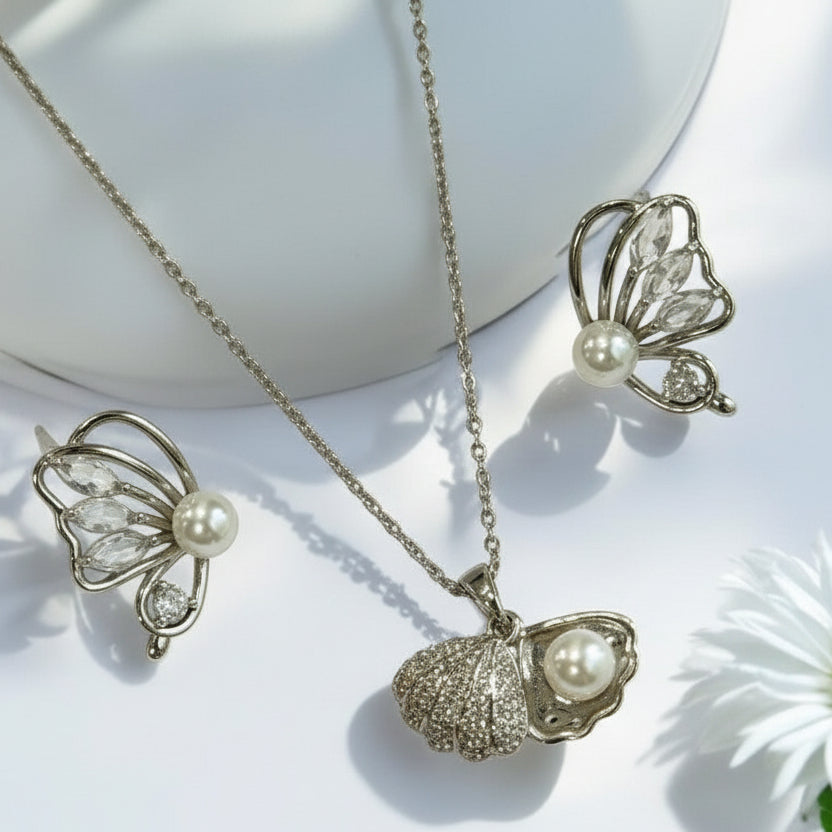 SILVER SEA SHELL PEARL DINI NECKLACE AND EARRINGS (COMBO)