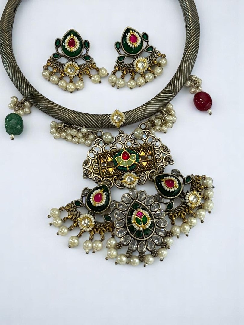 GREEN HASLI AANANDHI GERMAN SILVER JEWELLERY SET