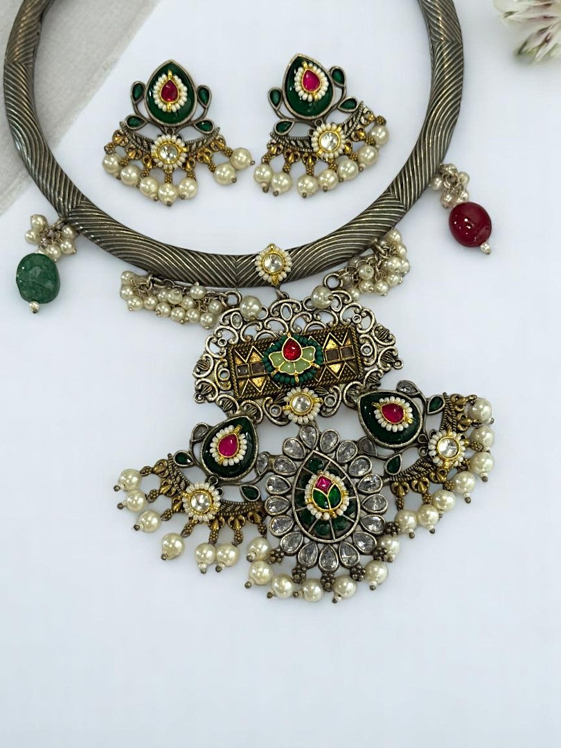 GREEN HASLI AANANDHI GERMAN SILVER JEWELLERY SET