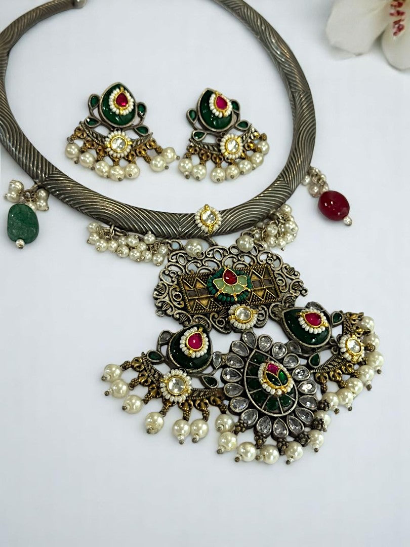 GREEN HASLI AANANDHI GERMAN SILVER JEWELLERY SET