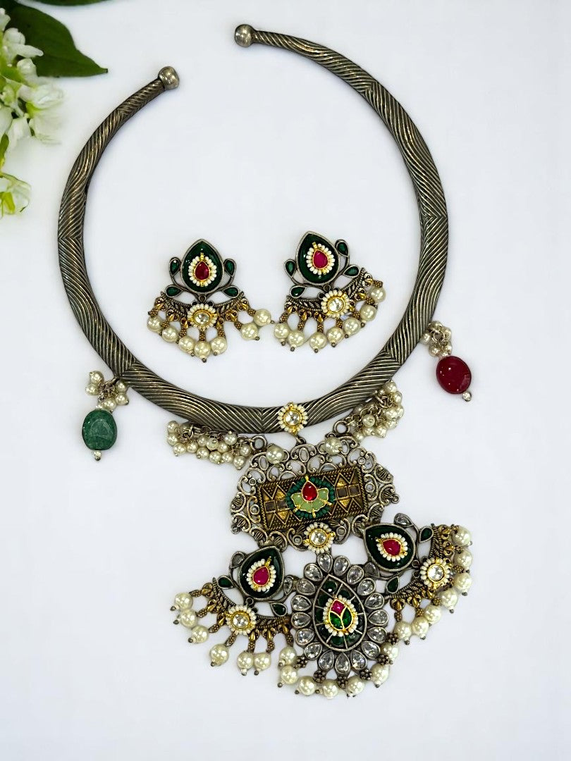 GREEN HASLI AANANDHI GERMAN SILVER JEWELLERY SET