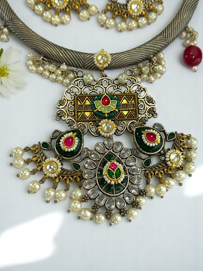 GREEN HASLI AANANDHI GERMAN SILVER JEWELLERY SET