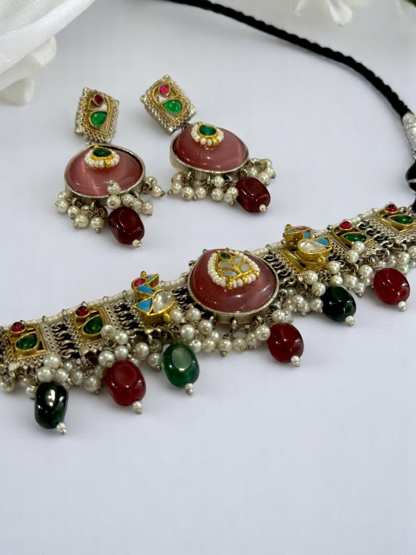 PINK HEMAA GERMAN SILVER JEWELLERY SET