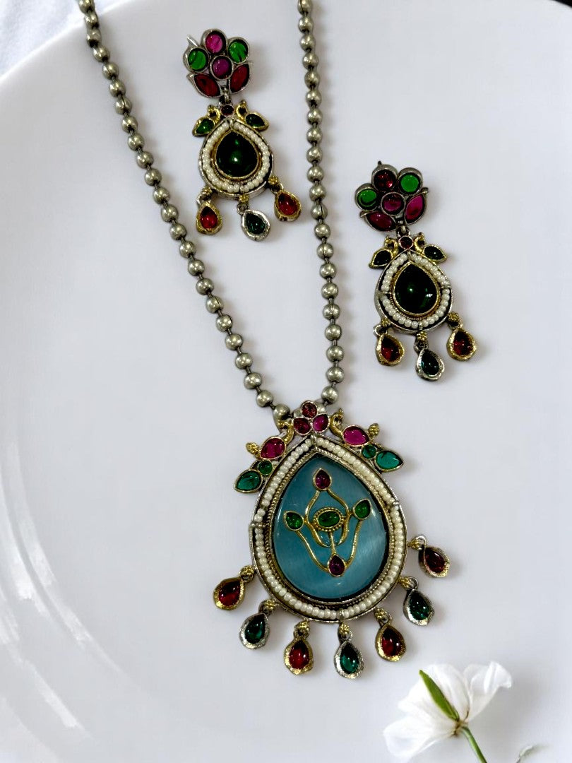 SEA BLUE HARINIE GERMAN SILVER JEWELLERY SET