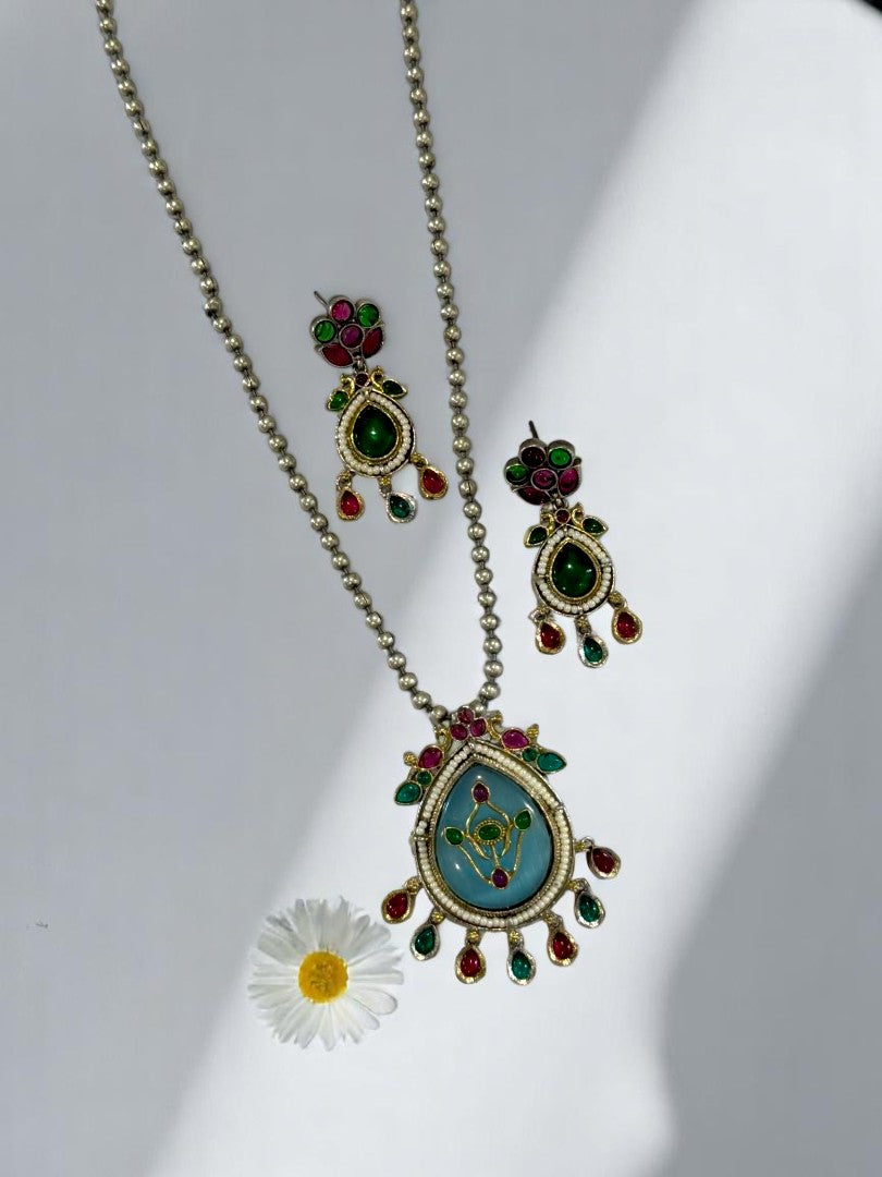 SEA BLUE HARINIE GERMAN SILVER JEWELLERY SET