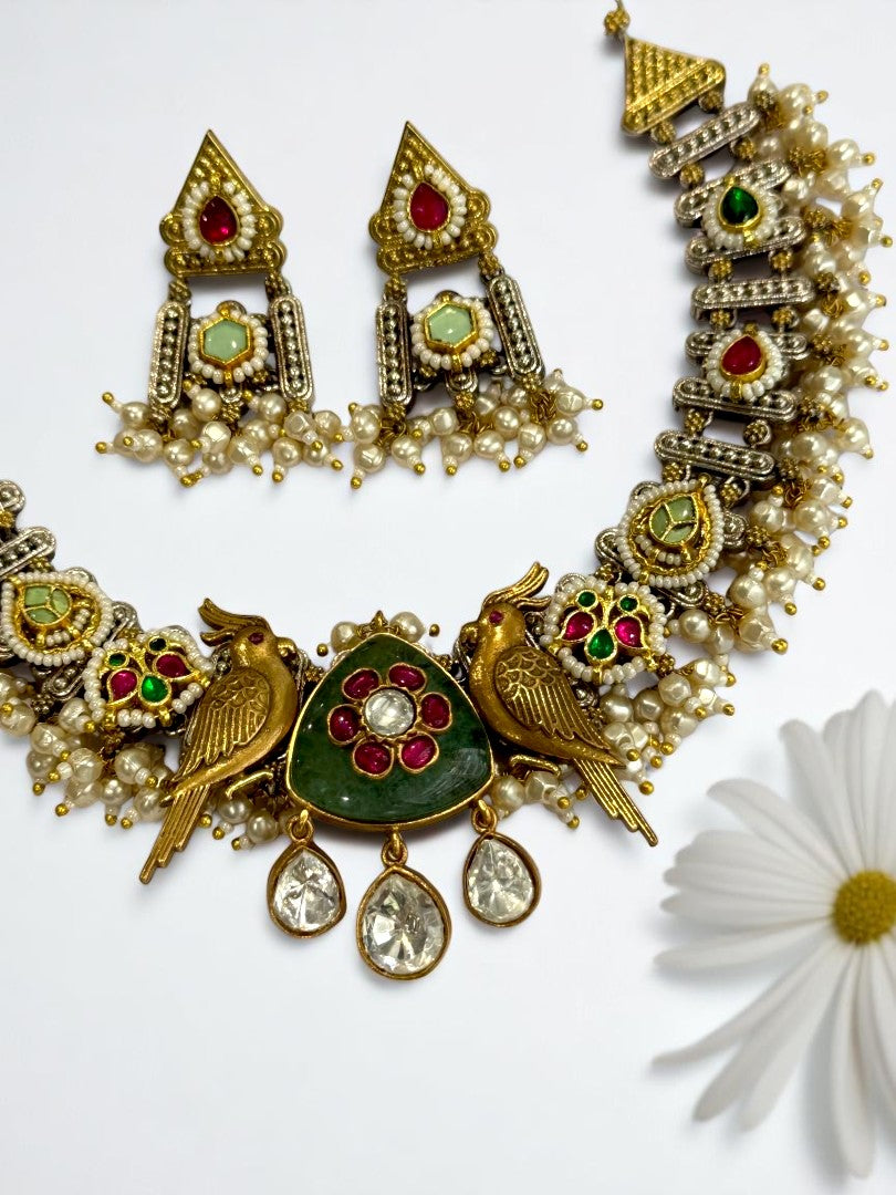 GREEN NAVYA GERMAN SILVER JEWELLERY SET