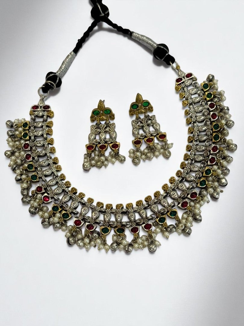 GREEN RED NAISHA GERMAN SILVER JEWELLERY SET