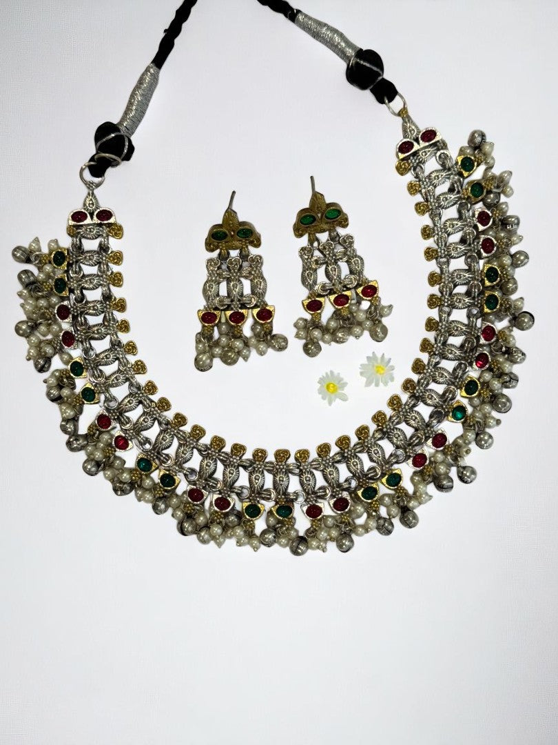 GREEN RED NAISHA GERMAN SILVER JEWELLERY SET