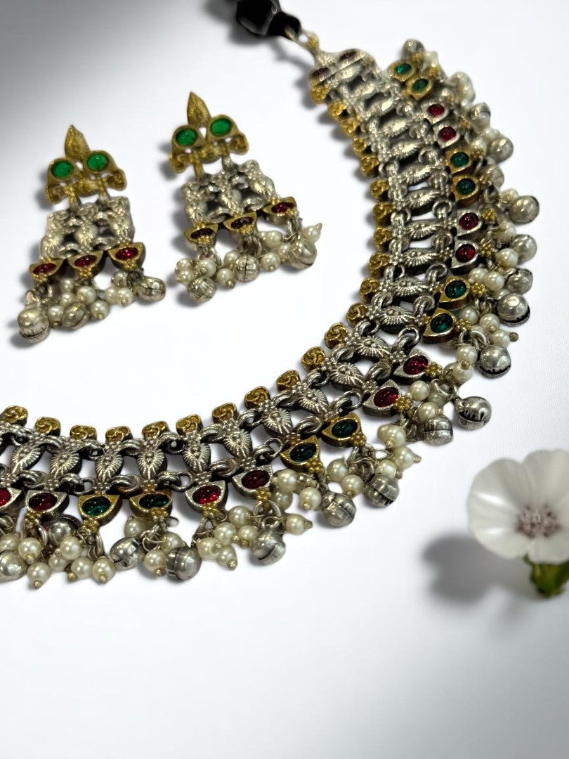 GREEN RED NAISHA GERMAN SILVER JEWELLERY SET
