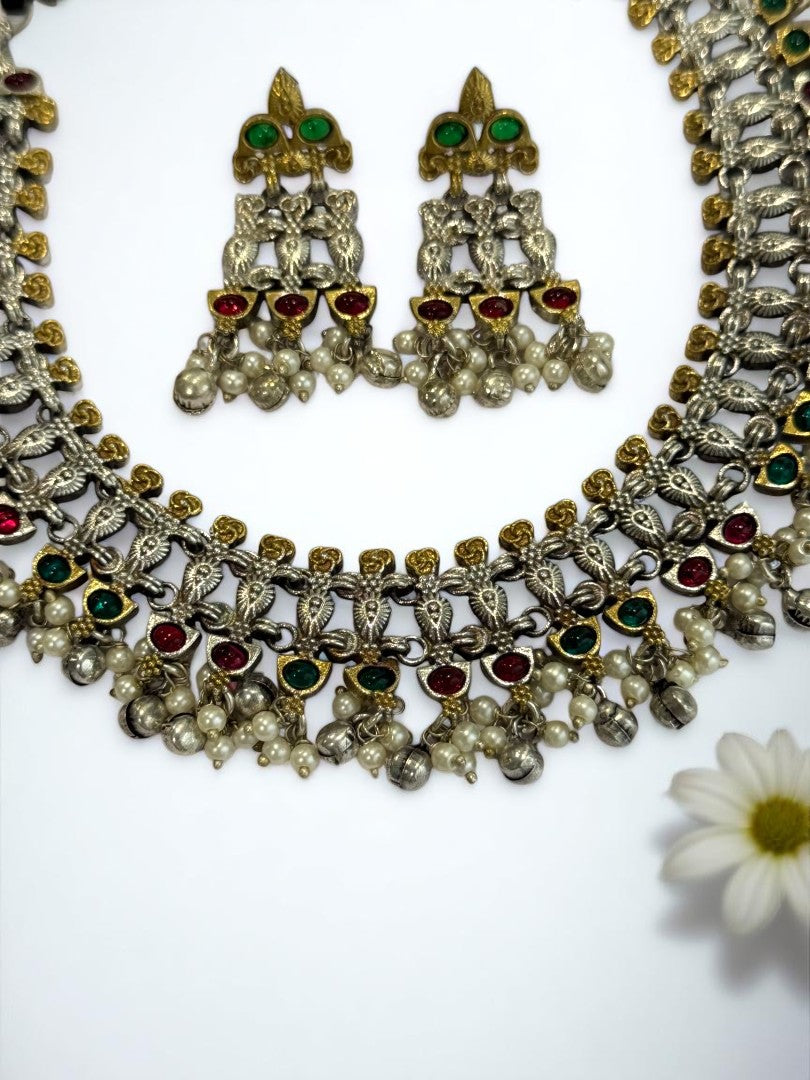 GREEN RED NAISHA GERMAN SILVER JEWELLERY SET