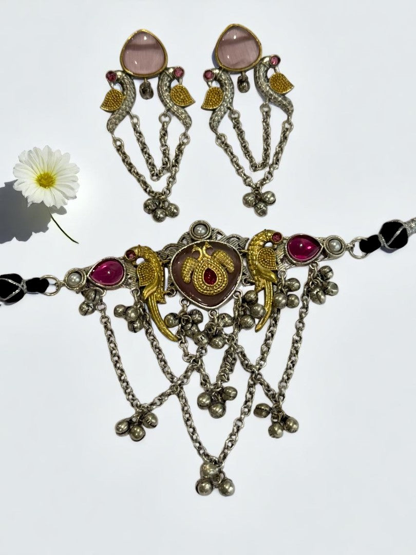 PINK SHANI GERMAN SILVER JEWELLERY SET