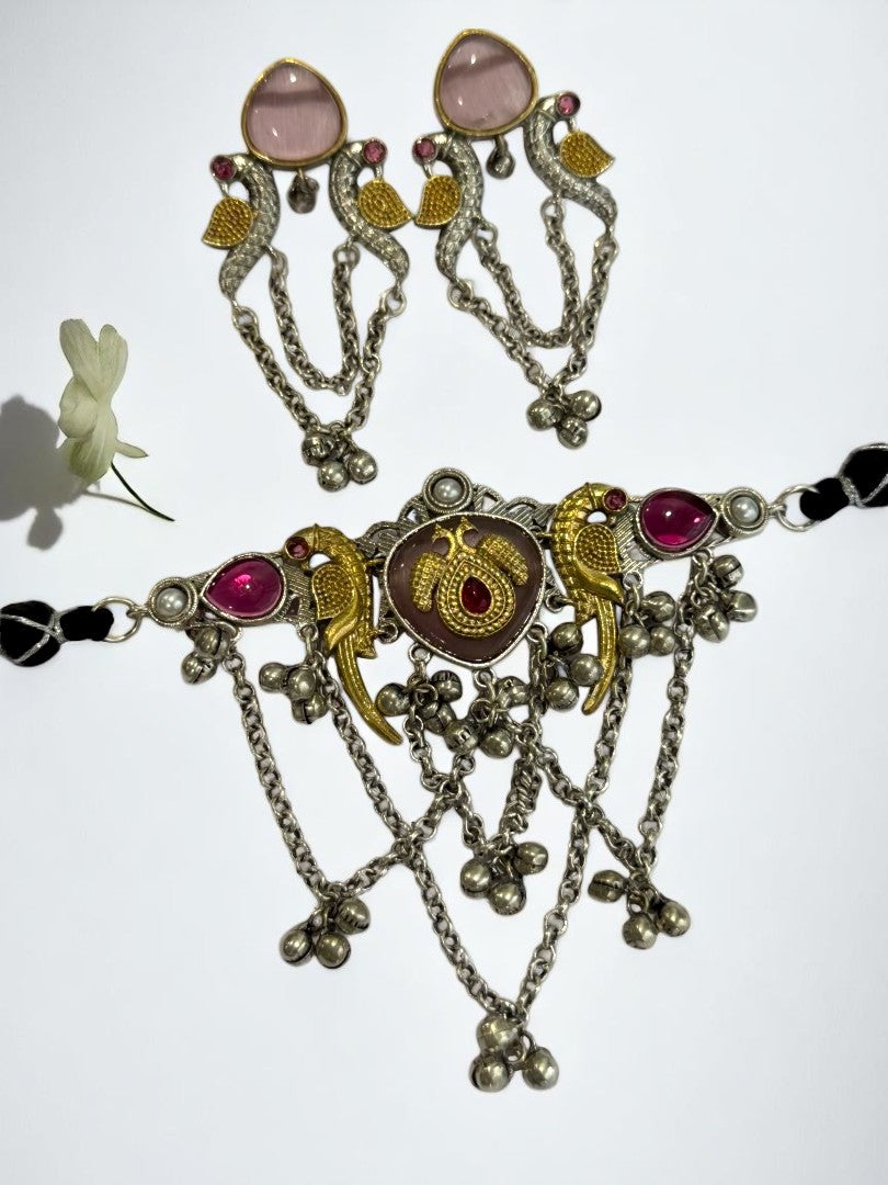 PINK SHANI GERMAN SILVER JEWELLERY SET