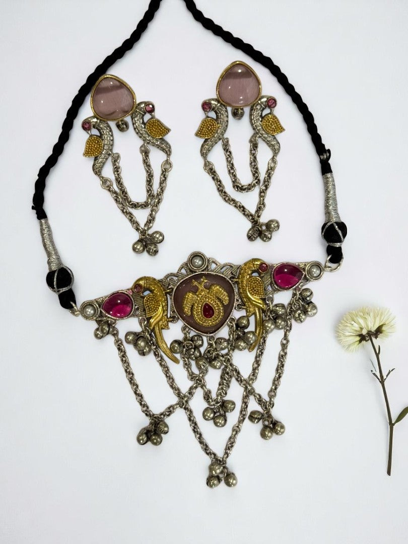 PINK SHANI GERMAN SILVER JEWELLERY SET