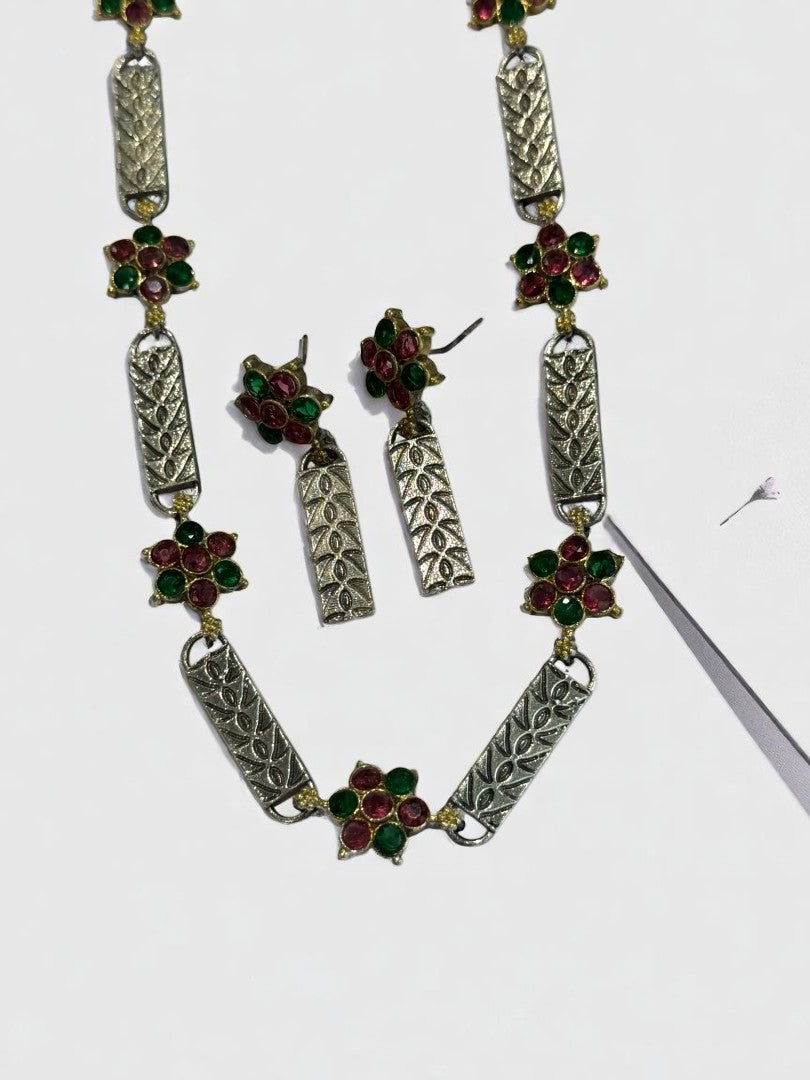GREEN RED NIVEDITA GERMAN SILVER JEWELLERY SET