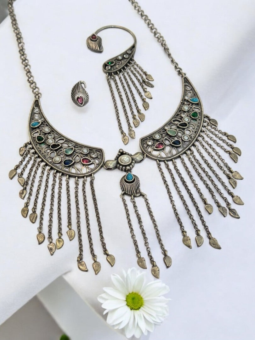MULTI STONE MAYA GERMAN SILVER JEWELLERY SET