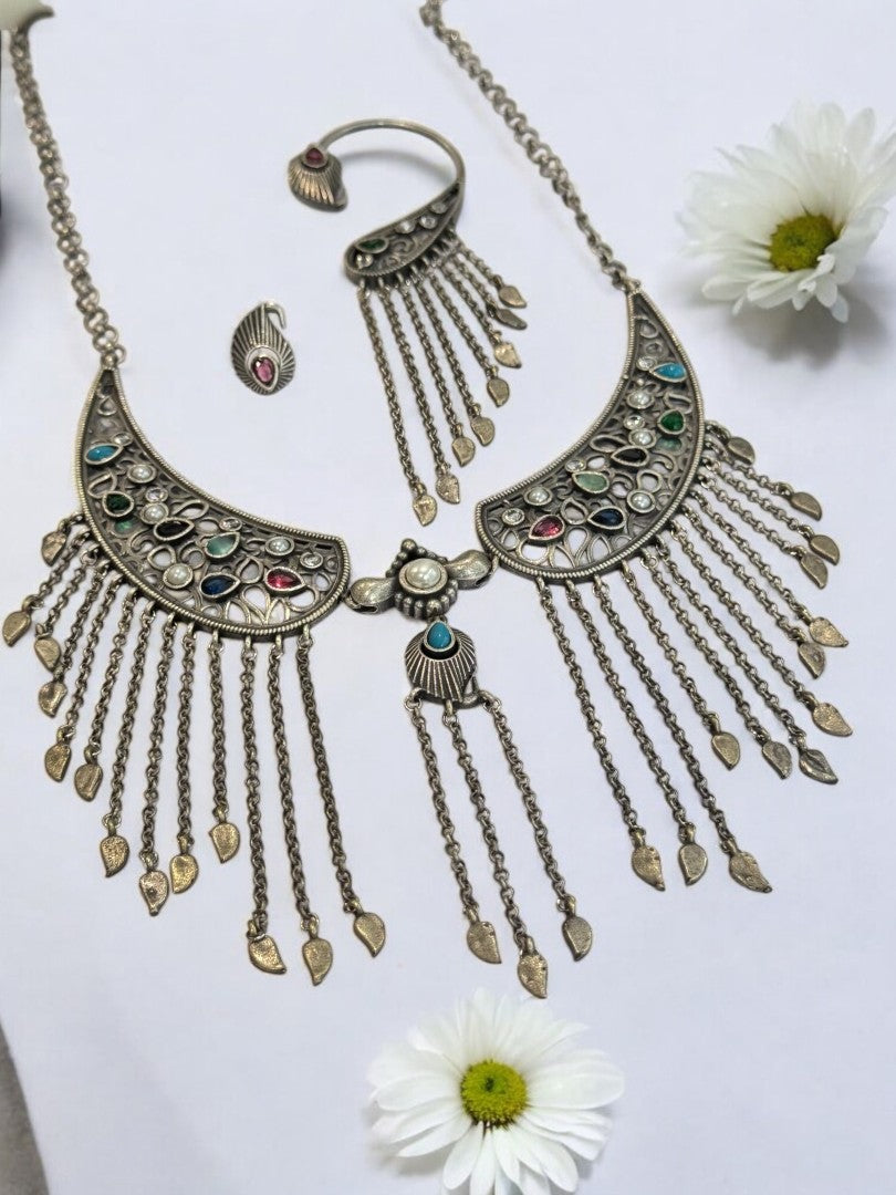 MULTI STONE MAYA GERMAN SILVER JEWELLERY SET