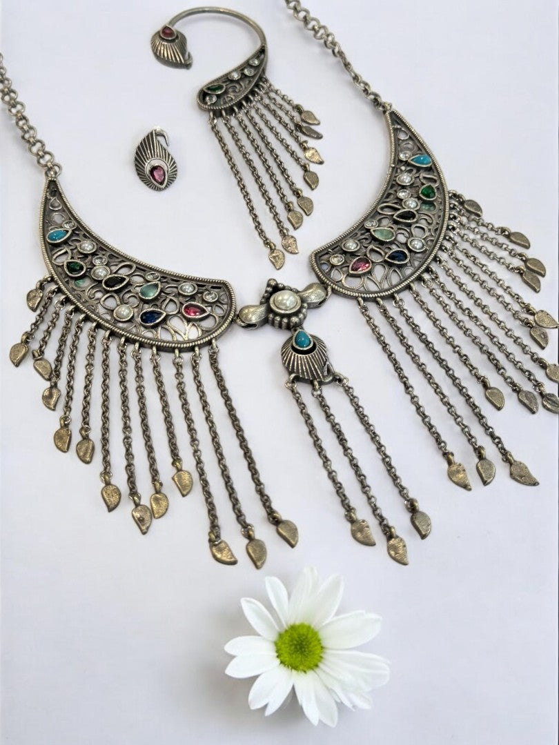 MULTI STONE MAYA GERMAN SILVER JEWELLERY SET