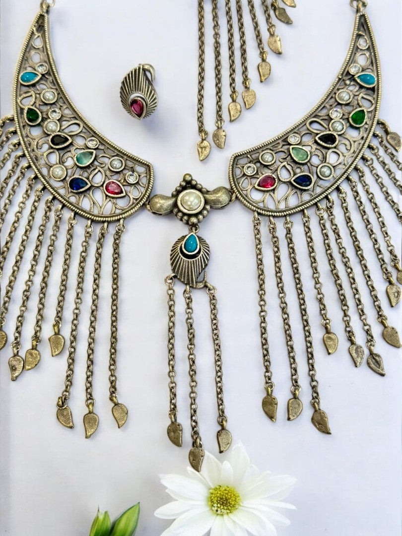 MULTI STONE MAYA GERMAN SILVER JEWELLERY SET