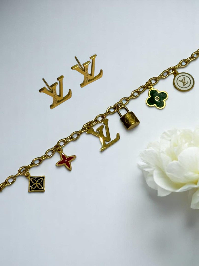 GOLDEN CHAIN WITH CHAMS AND STUD EARRINGS COMBO