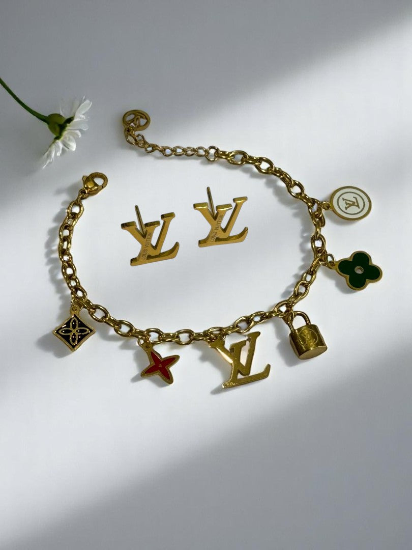 GOLDEN CHAIN WITH CHAMS AND STUD EARRINGS COMBO