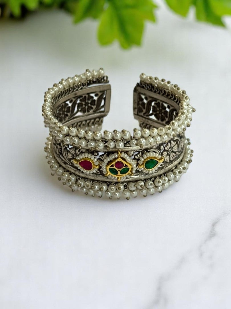 GERMAN SILVER MULTI STONE LOTUS WITH HANGING BEADS CUFF