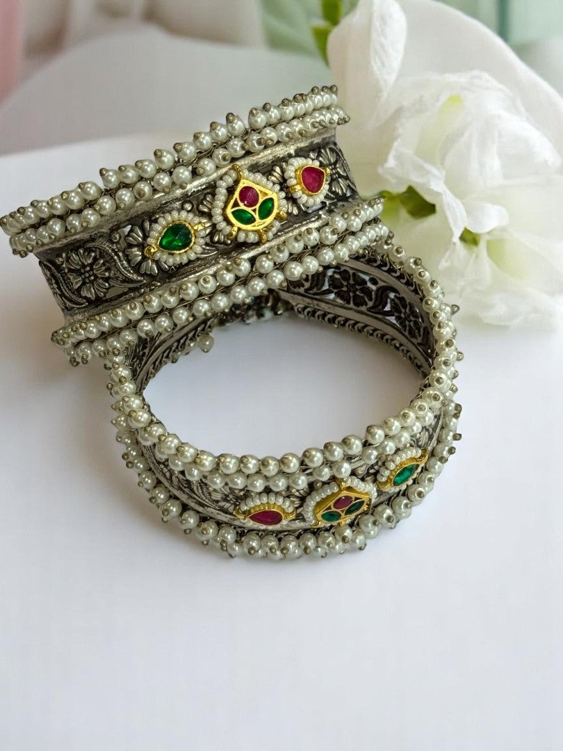 GERMAN SILVER MULTI STONE LOTUS WITH HANGING BEADS CUFF