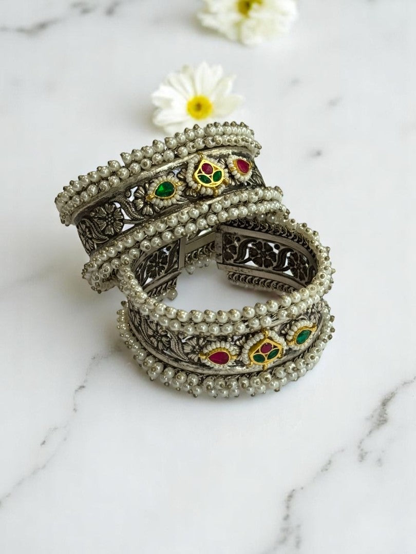 GERMAN SILVER MULTI STONE LOTUS WITH HANGING BEADS CUFF