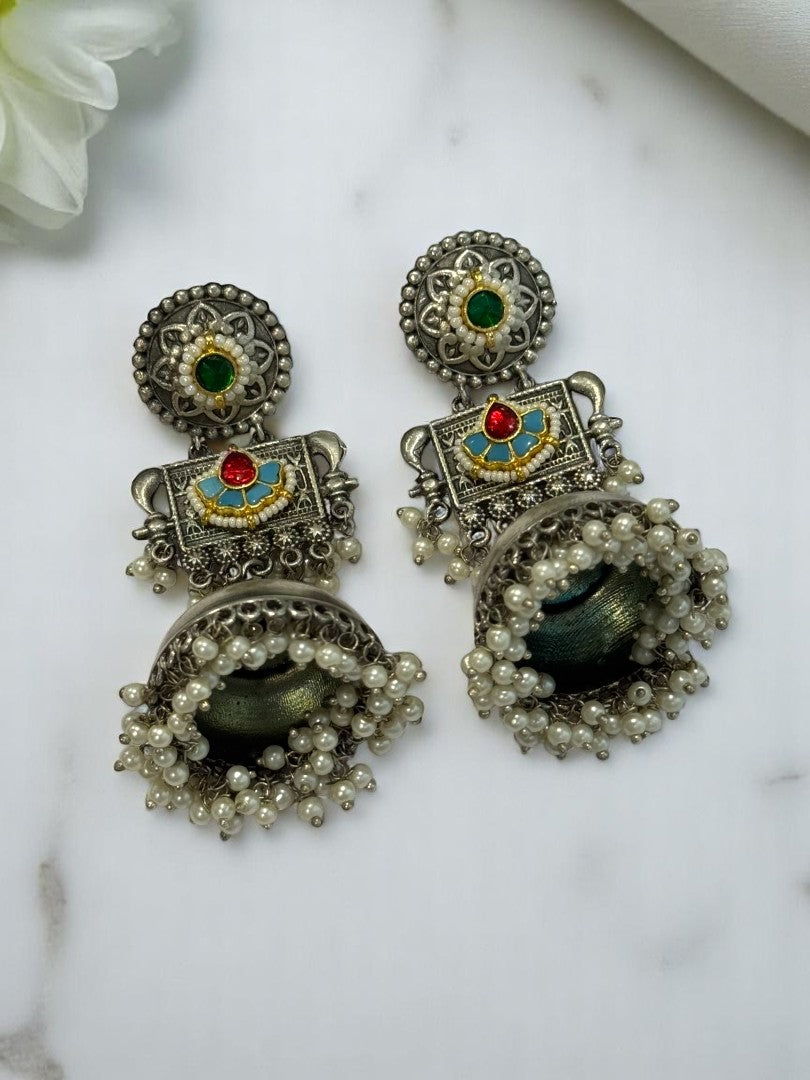 GERMAN SILVER MULTI COLOURED DANGLE ZHUMKA EAARINGS
