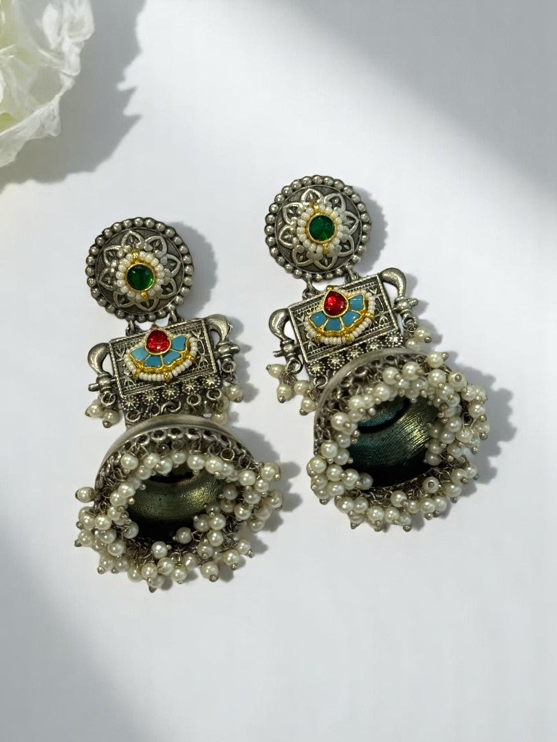 GERMAN SILVER MULTI COLOURED DANGLE ZHUMKA EAARINGS