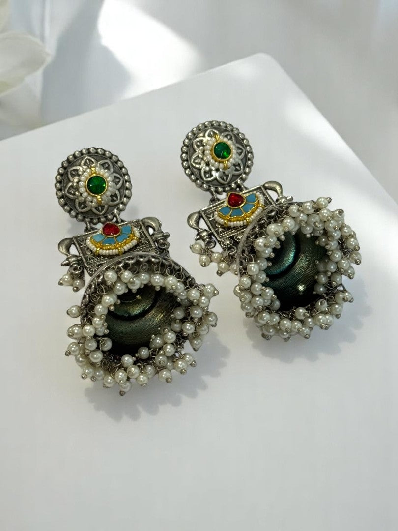 GERMAN SILVER MULTI COLOURED DANGLE ZHUMKA EAARINGS